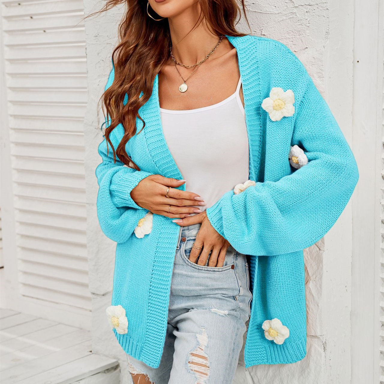 Women's Fashion Casual Flower Cardigan Lantern Sleeve Sweater Coat